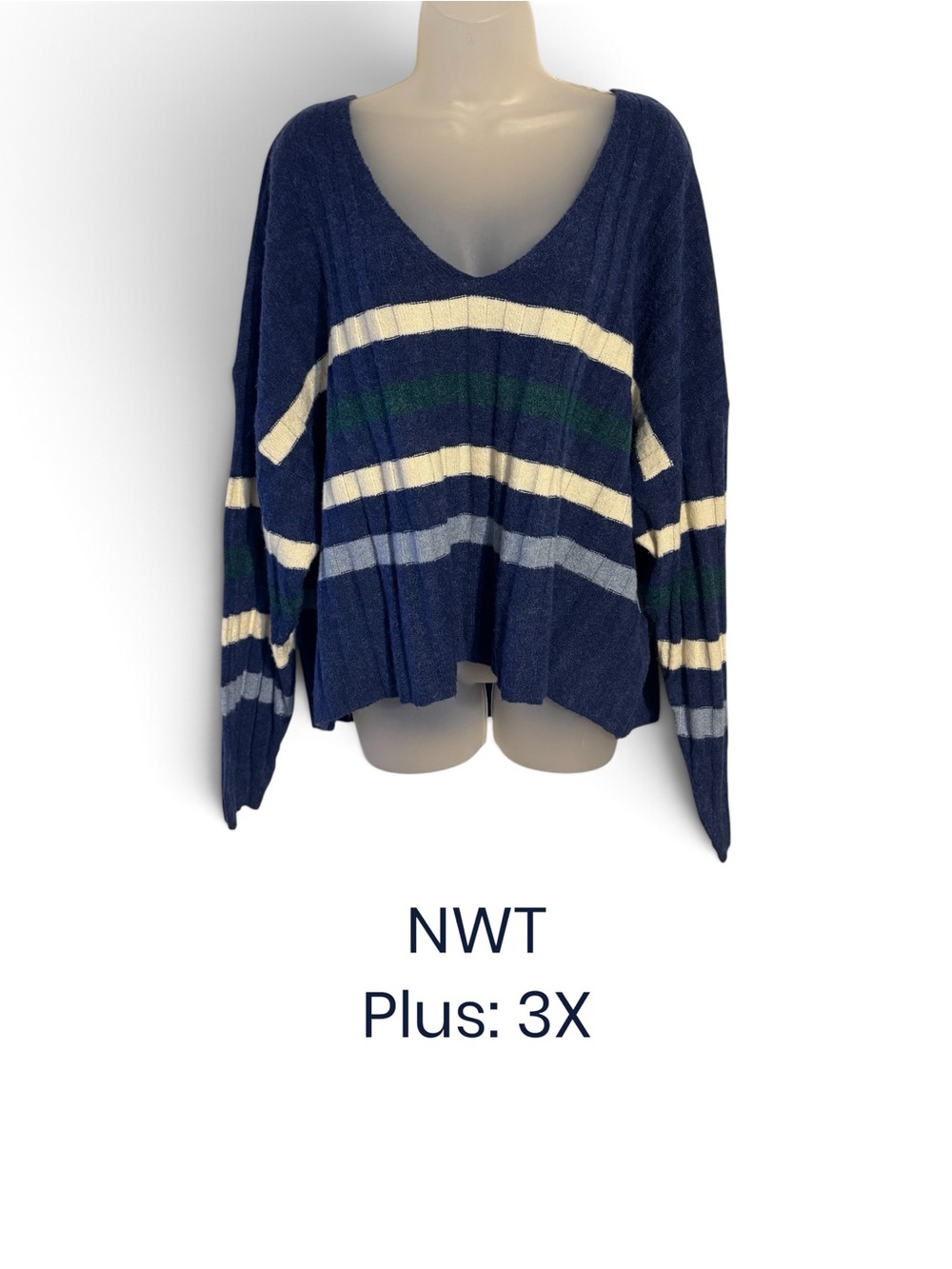 NWT True Craft Navy V-Neck Striped SOFT Sweater PLUS: 3X    #1
